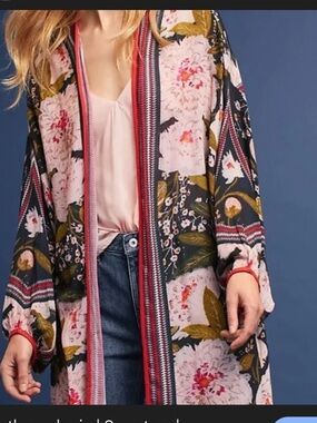 Anthropologie Navy Blue Floral Open-Front Kimono Caftan with Blush Peonies